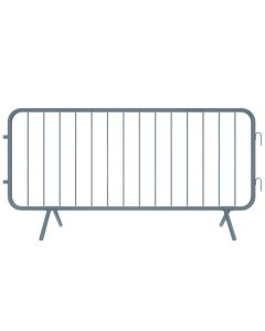 Front view of a grey powder-coated steel crowd control barrier with fixed legs, featuring vertical infill bars and interlocking hooks on one side.