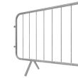 Close-up of the left side of a galvanised steel barrier, highlighting the vertical bars and angled support leg.