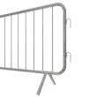 Close-up of the right side of a galvanised crowd barrier, showcasing the interlocking hooks and foot support.