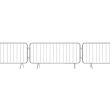 Three galvanised crowd control barriers connected together in a straight line using the interlocking hook and eye system.