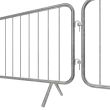 Detailed close-up of the interlocking hooks joining two galvanised crowd barriers securely.