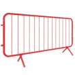 Perspective shot showing the length and structure of the red crowd barrier, highlighting its sturdy steel frame and hook connectors on the side.