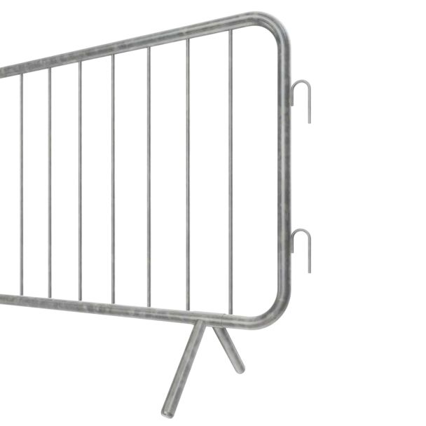 Close-up of the right side of a galvanised crowd barrier, showcasing the interlocking hooks and foot support.